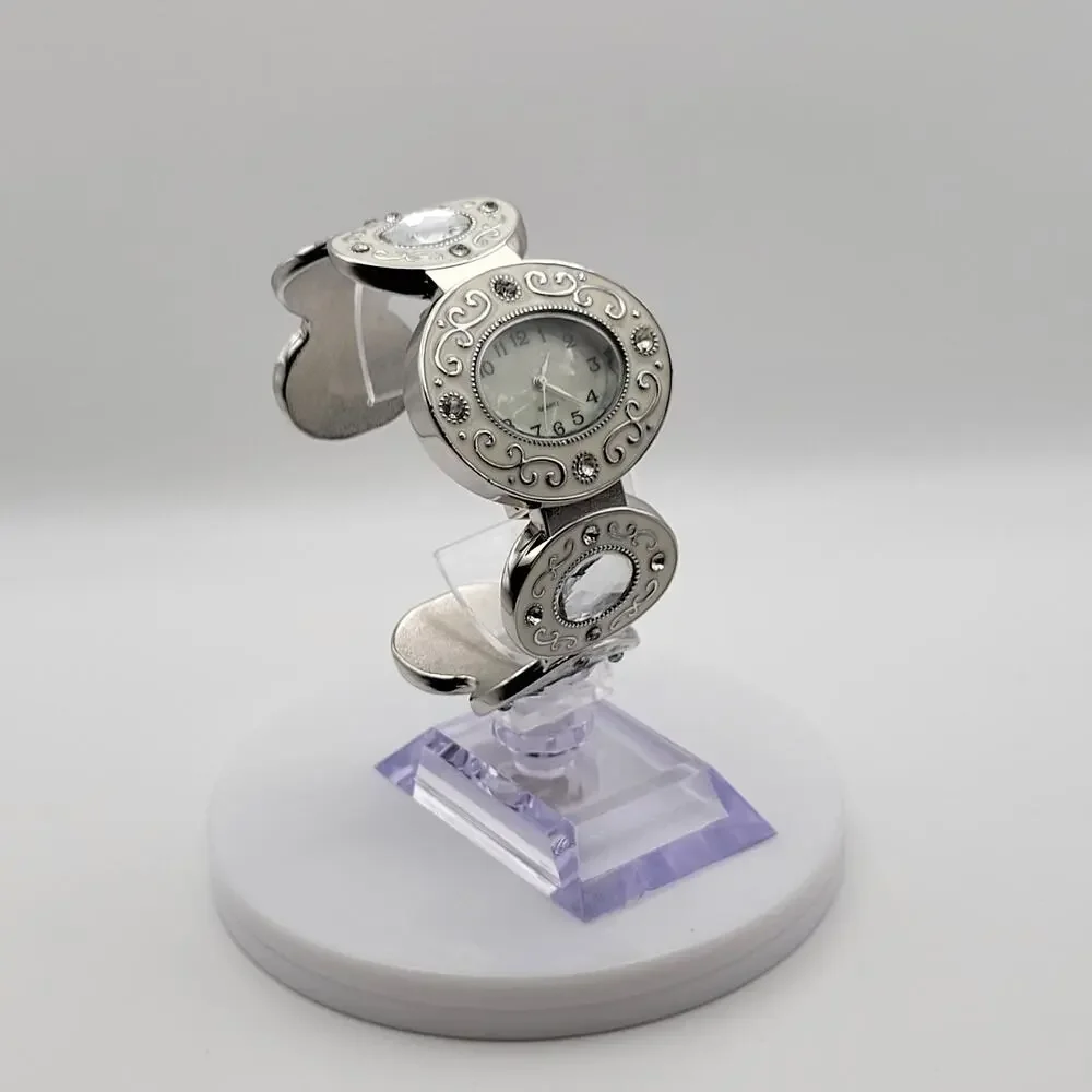 Women's Cuff Bangle Watch Mother of Pearl Dial Silver Filigree Crystal Links